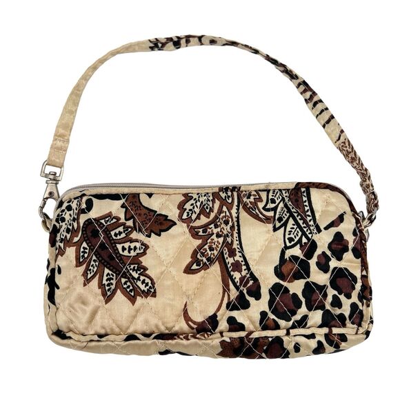 Mini Purse Wallet Satin Quilted Brown Leaf Cheetah Handle Zip 7" x 3.5" Divider - Picture 2 of 8